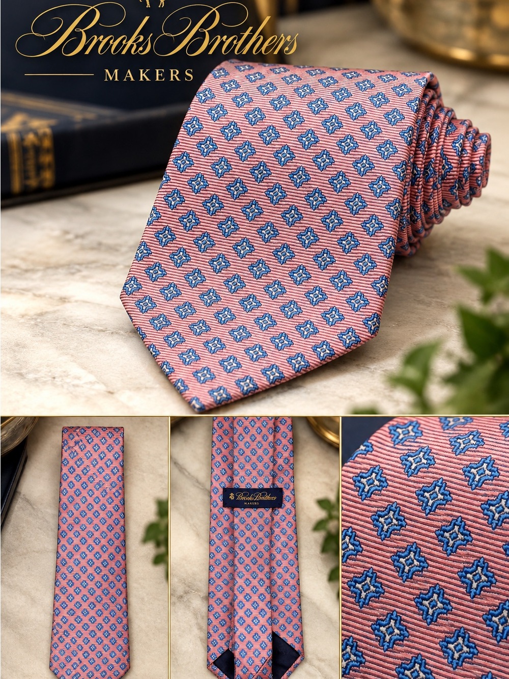 Brooks Brothers Pink Tie with Blue Geometric Motif